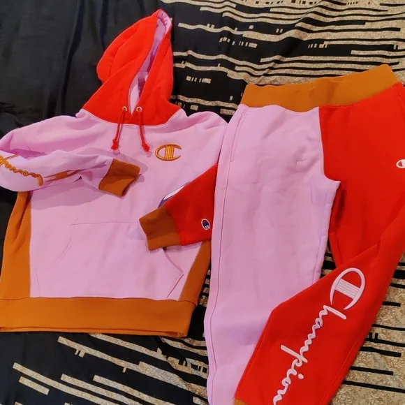 Champion Red and Pink Colorblock Hoodie and Joggers - Picture 1 of 6